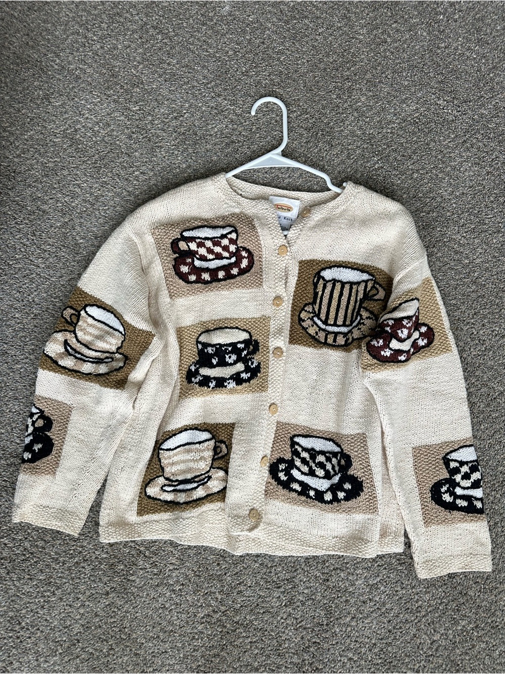 Vintage Talbots Hand Knit Cardigan Sweater Coffee Tea Mug Beige Tan Size Small - Picture 3 of 7